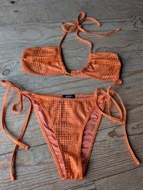 Nasty Gal Orange Textured Tie-Side Bikini